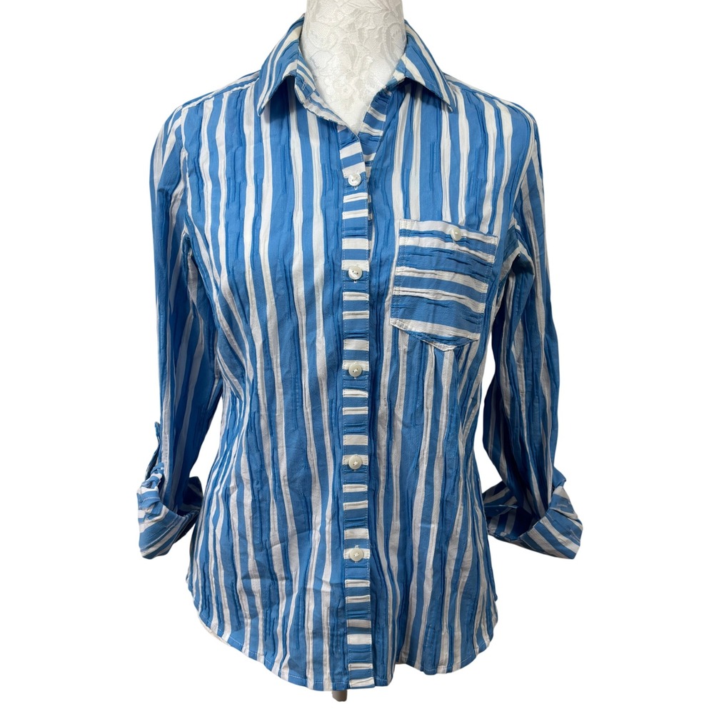 Foxcroft NYC White Striped Crinkle Rolled Sleeve Button Up Shirt Blouse Womens 2